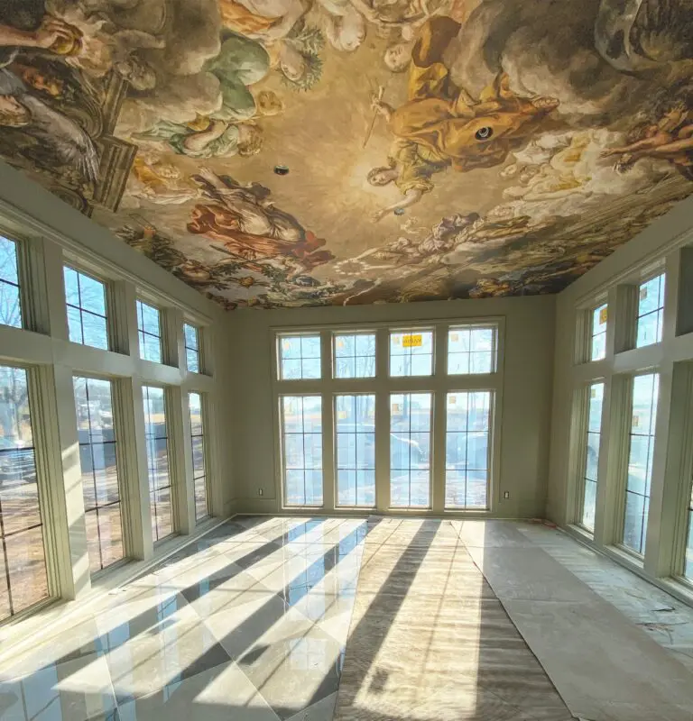 windows with elegant ceiling mural