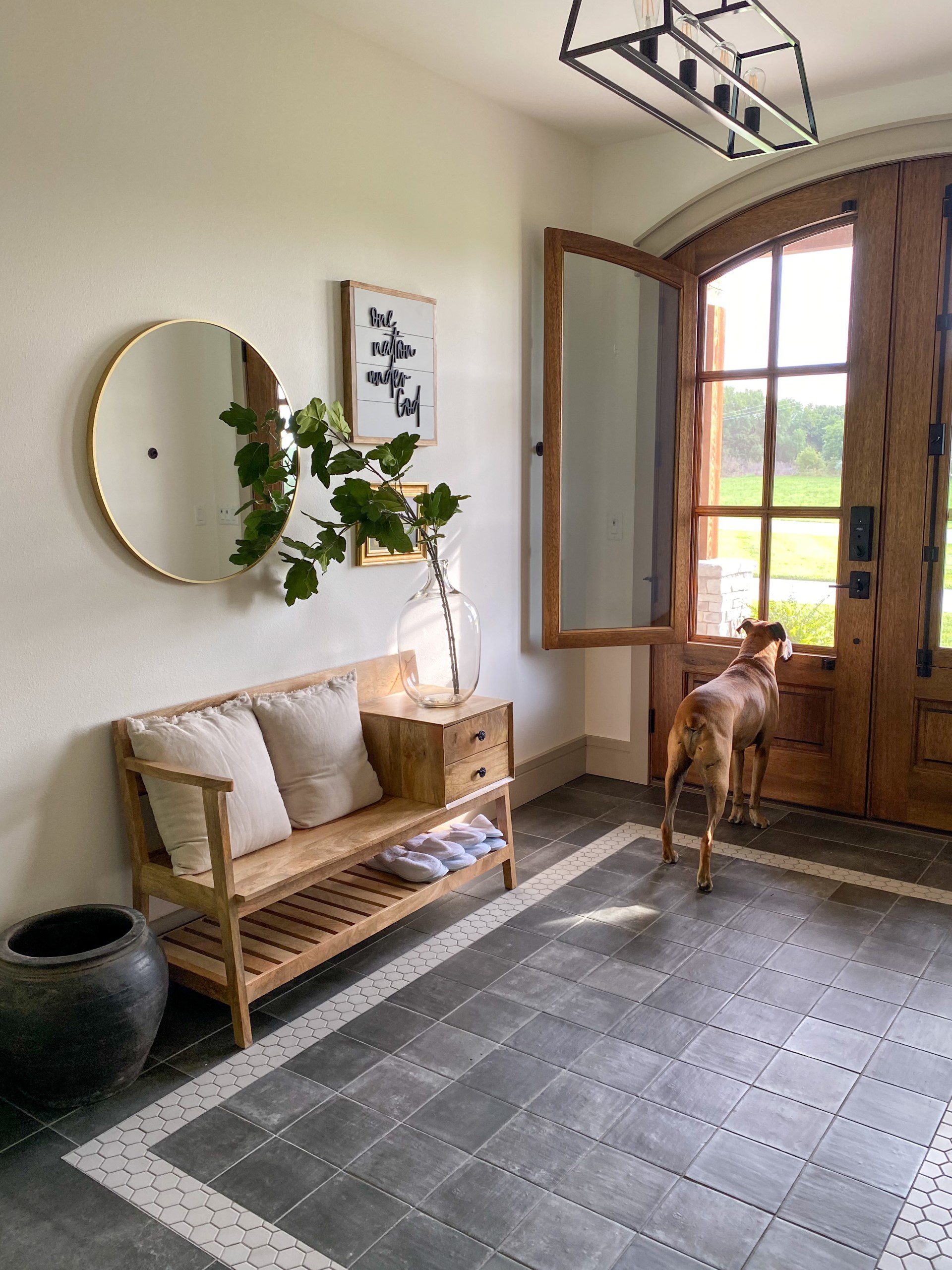 Dog standing in front of beautiful wood door | Millwork